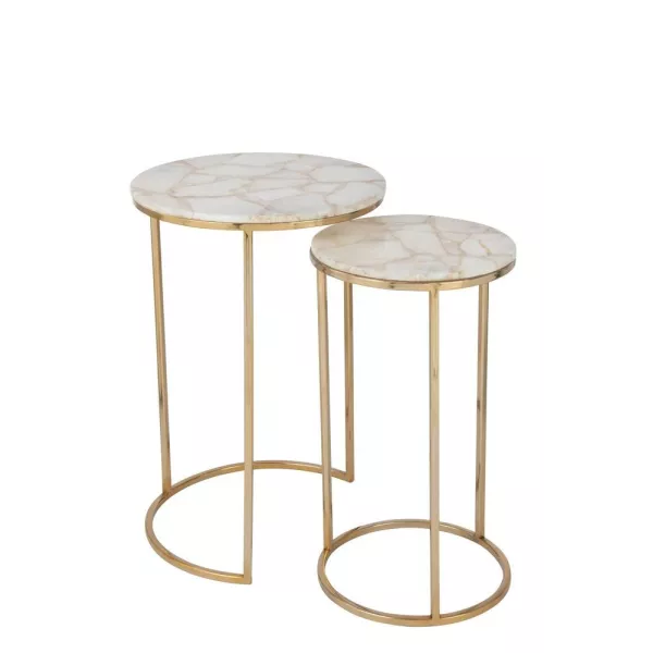 Set de 2 tables gigognes en pierre et métal PALAN (35,5x61 cm) (Blanc, or)