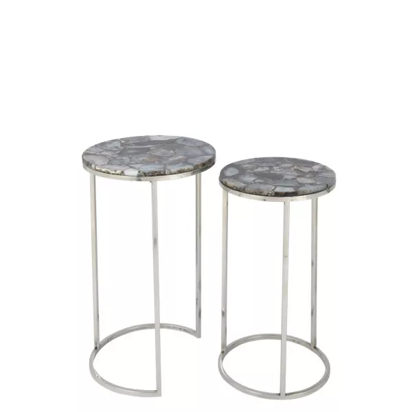 Set de 2 tables gigognes en pierre et métal PALAN (35,5x61 cm) (Gris, argent)