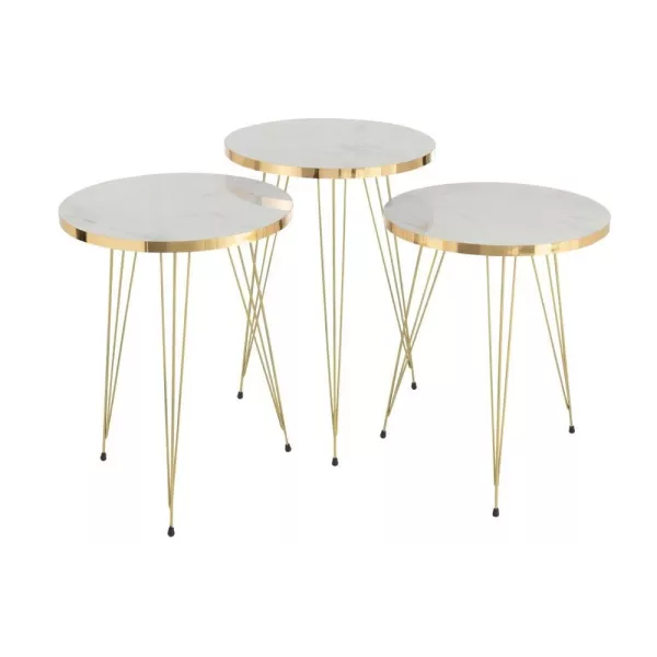 Set de 3 tables de salon en bois et métal PANPA (38x56 cm) (Blanc, or)