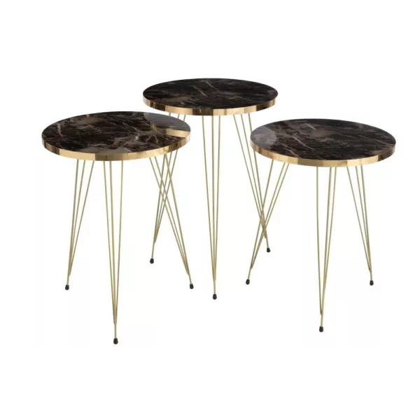 Set de 3 tables de salon en bois et métal PANPA (38x56 cm) (Noir, or)