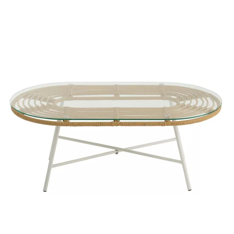 Table basse ovale Intérieur Extérieur en verre et métal PINGO (90x50 cm) (Naturel, blanc)