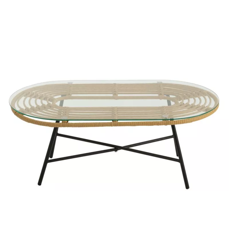 Table basse ovale Intérieur Extérieur en verre et métal PINGO (90x50 cm) (Noir, naturel)