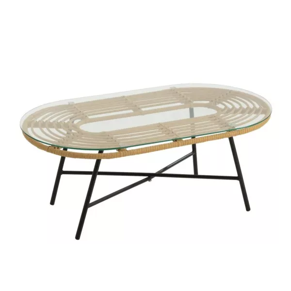 Table basse ovale Intérieur Extérieur en verre et métal PINGO (90x50 cm) (Noir, naturel)