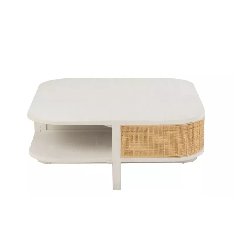 Table de salon en bois exotique et rotin MIBOU (84,5x84,5 cm) (Blanc, Naturel)