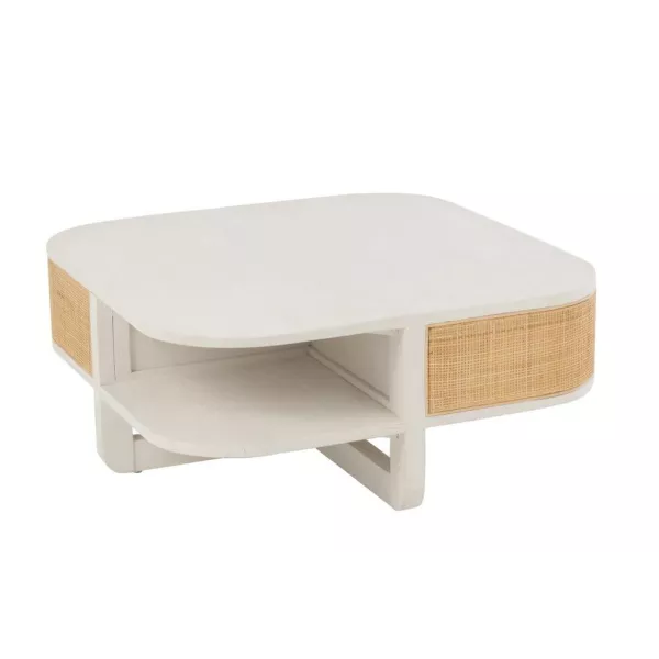 Table de salon en bois exotique et rotin MIBOU (84,5x84,5 cm) (Blanc, Naturel)