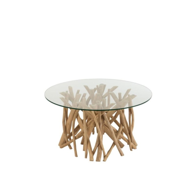 Table de salon en verre et bois de teck ZAKA (80x80 cm) (Naturel)