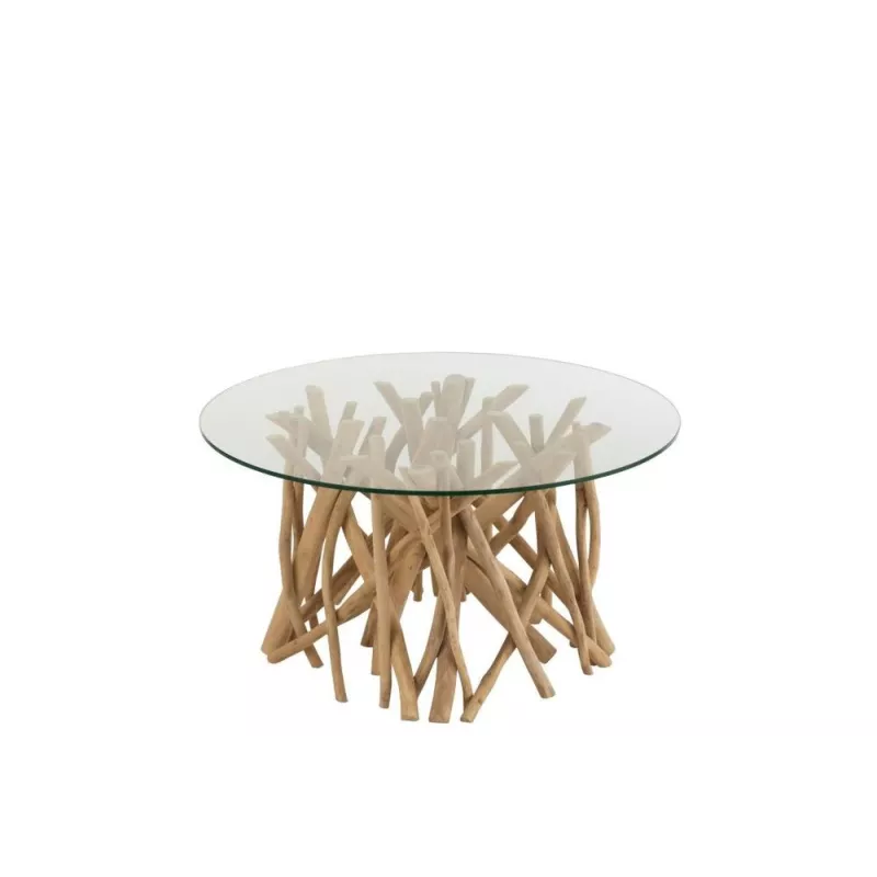 Table de salon en verre et bois de teck ZAKA (80x80 cm) (Naturel)