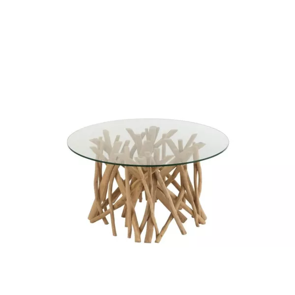 Table de salon en verre et bois de teck ZAKA (80x80 cm) (Naturel)