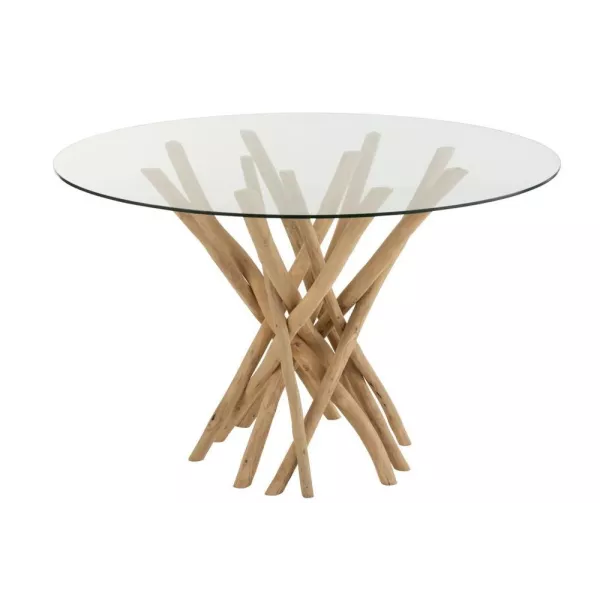 Table à manger en verre et bois de teck ZAKA (120x120 cm) (Naturel)