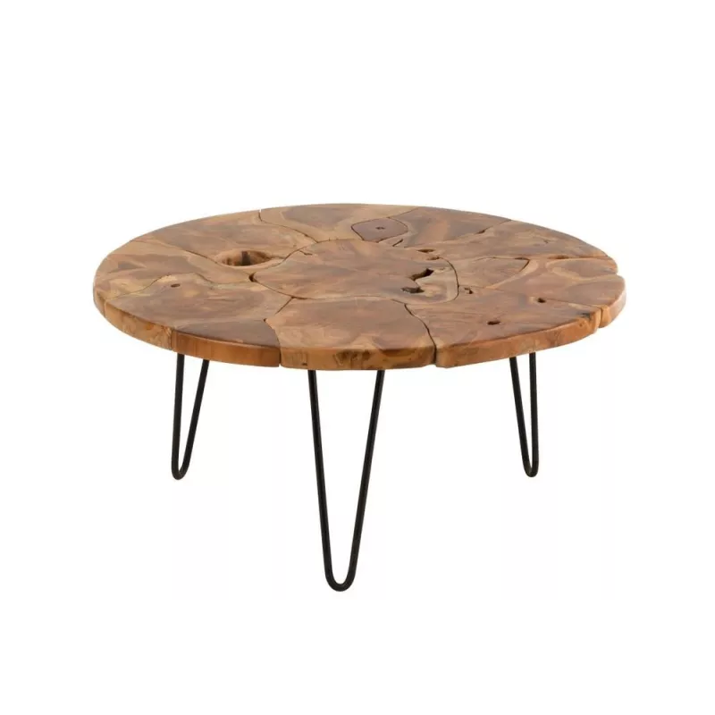 Table ronde de salon en bois de teck et métal POULINE (80x80 cm) (Marron)