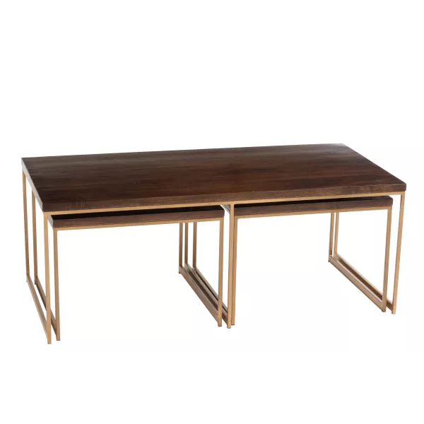 Set de 3 tables gigognes en bois de manguier et métal MANZIN (120x60 cm) (Marron, or)