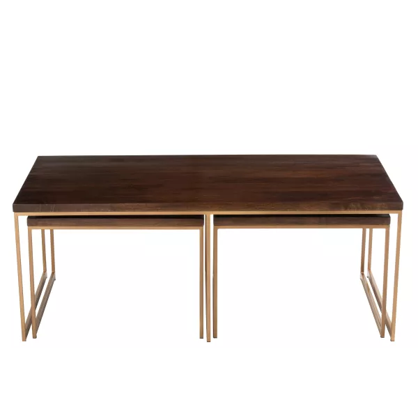 Set de 3 tables gigognes en bois de manguier et métal MANZIN (120x60 cm) (Marron, or)