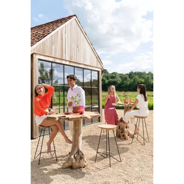 Tabouret de bar en bois de teck et métal TONY (Naturel, noir)