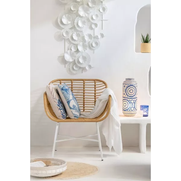 Fauteuil intérieur-extérieur en rotin et métal PINGO (Naturel, blanc)