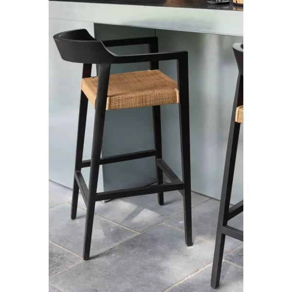 Tabouret de bar en teck et rotin PALBON (Noir, naturel)