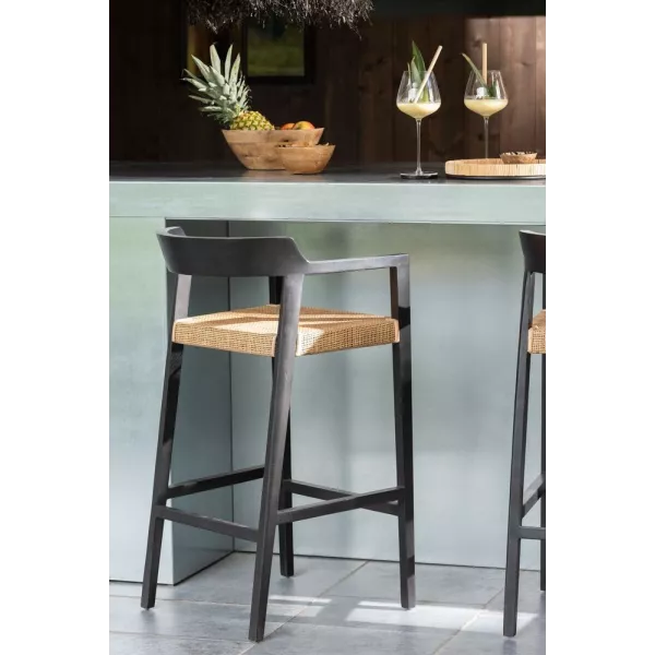 Tabouret de bar en teck et rotin PALBON (Noir, naturel)