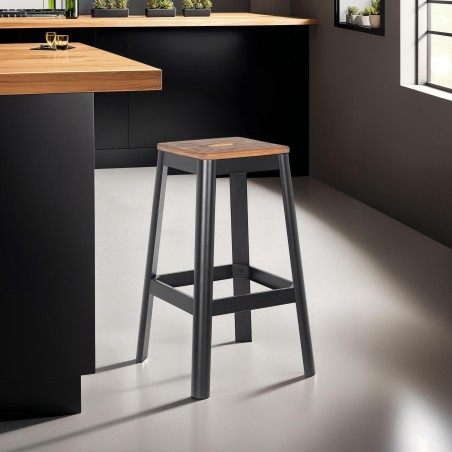 LIDYA Industrial High Stool - Black Metal & Wood 75cm - Elegant and Robust Design for Modern Kitchen