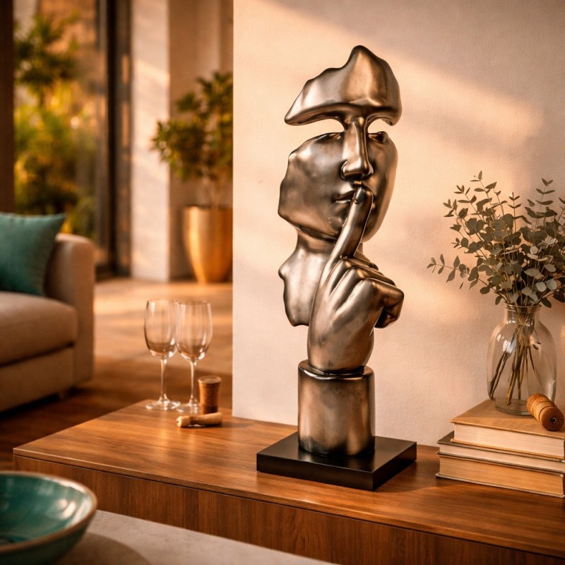 Statue Silence Est D'Or - Sculpture Homme Silencieux 34cm En Résine, Décor Bureau Abstrait Argent