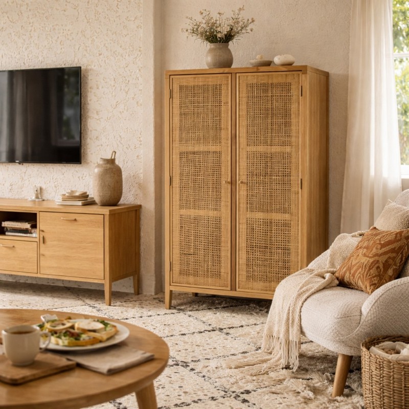 KOMHTOM Meuble TV avec deux tiroirs et portes, meuble TV en rotin avec séparateurs réglables et pieds réglables pour salon, chambre à coucher (D KOMHTOM Meuble TV avec deux tiroirs et portes, meuble TV en rotin avec séparateurs réglables et pieds réglables pour salon, chambre à coucher (D
